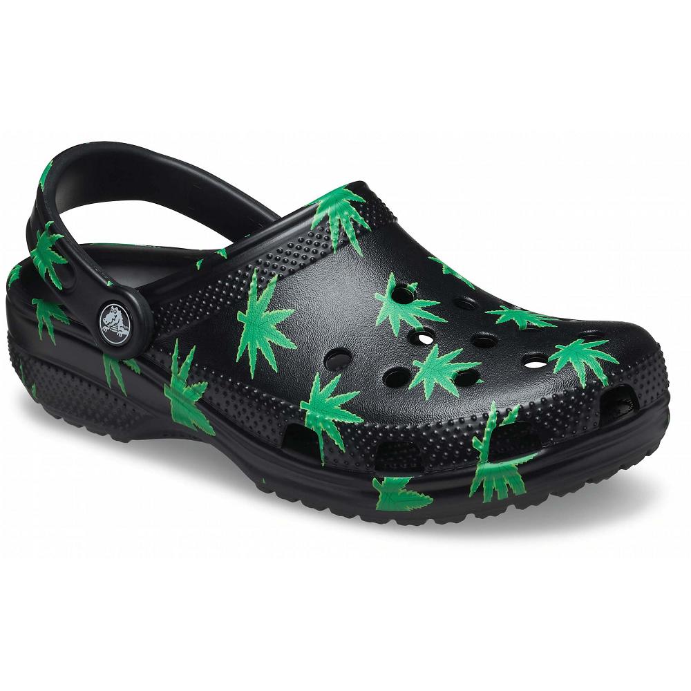 Black / Green Women's Crocs Classic Hemp Leaf Clogs | NZ 0137UZGT